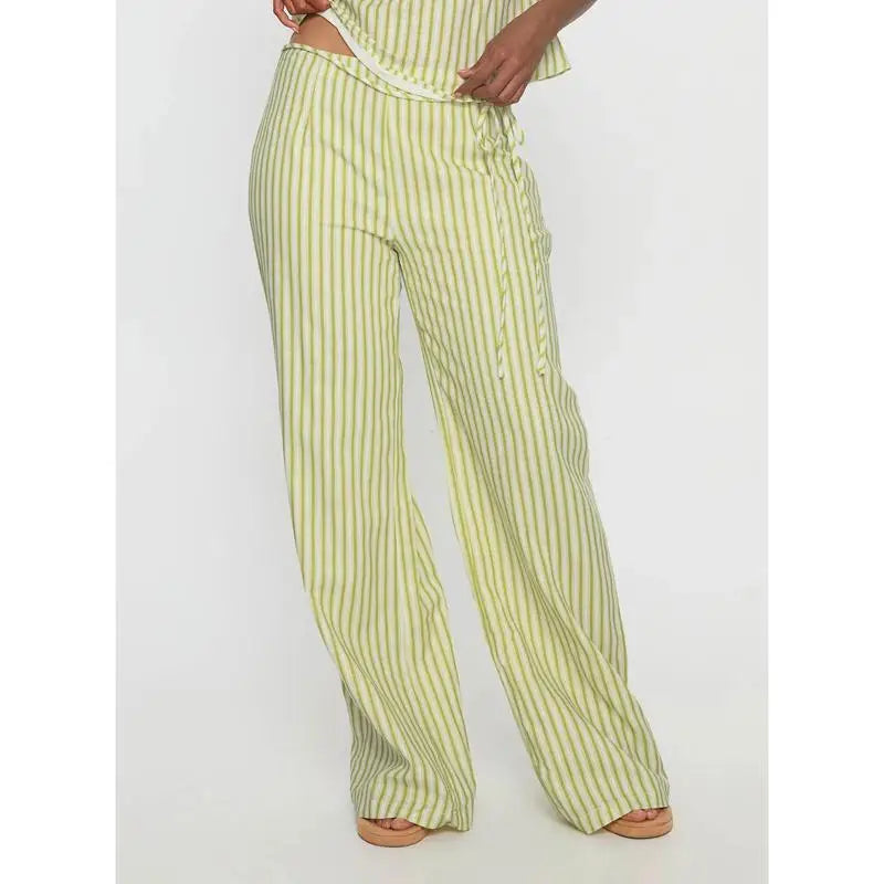 Striped Set With Backless V Neck Crop Top And Bow Belted Straight Pants