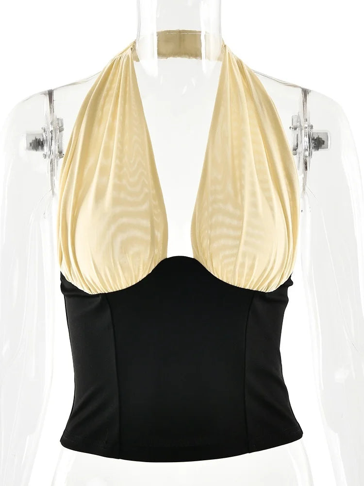 Halter Backless Patchwork Crop Top Sleeveless Cinched Waist