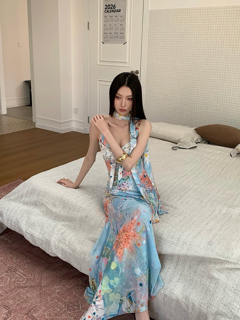 Floral Maxi Dress With Backless Design V Neck Halter Dress