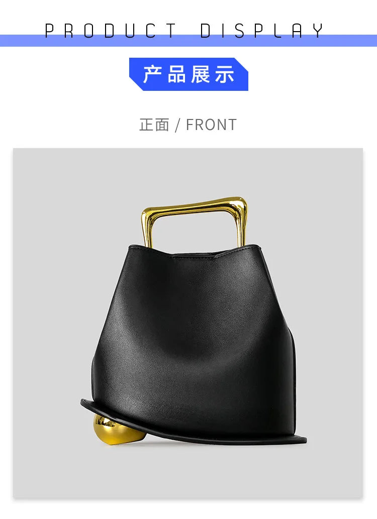 Gold Metallic Irregular Bucket Bag With Ball Base Leather Tote