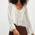 Dreamy Lace Patchwork Sheer Long Sleeve Blouse With Square Neck And Tie Front Crop Top