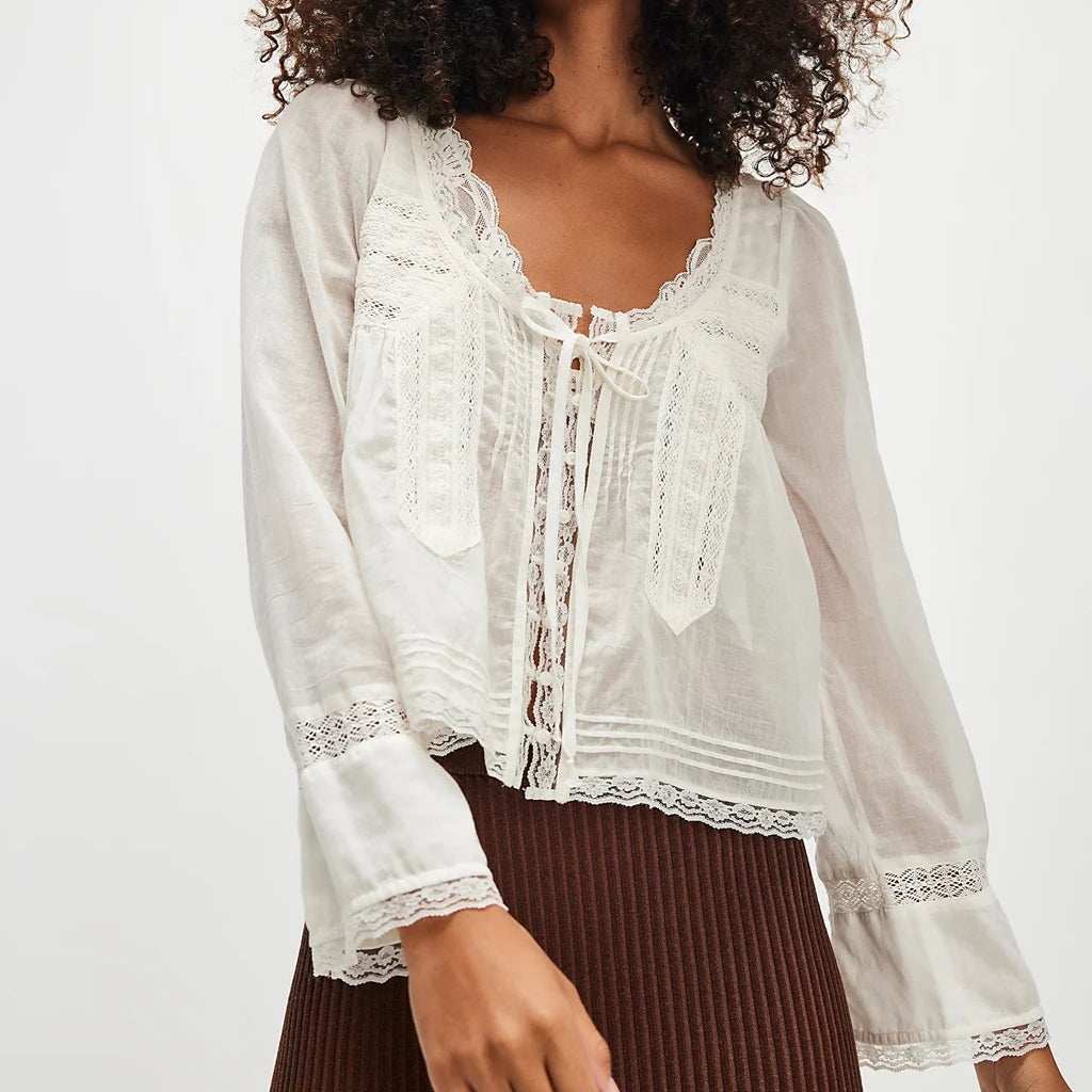 Dreamy Lace Patchwork Sheer Long Sleeve Blouse With Square Neck And Tie Front Crop Top