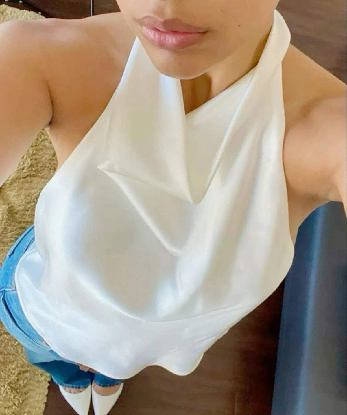 Elegant White Satin Halter Backless Top Sleeveless