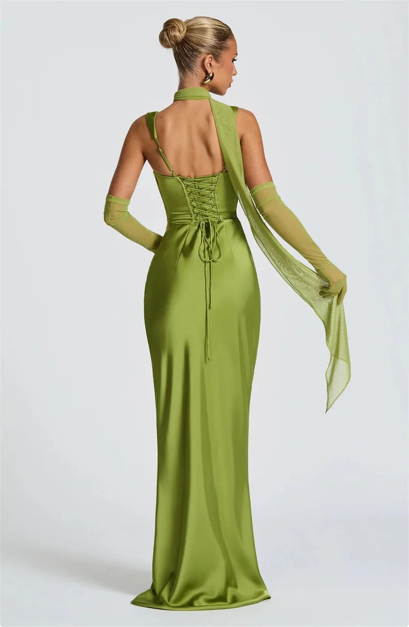 Elegant Satin Backless Halter Off-Shoulder Maxi Dress