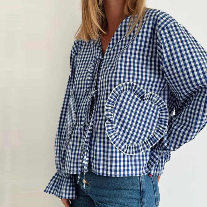 Vintage V Neck Crop Top With Front Tie And Puff Sleeves