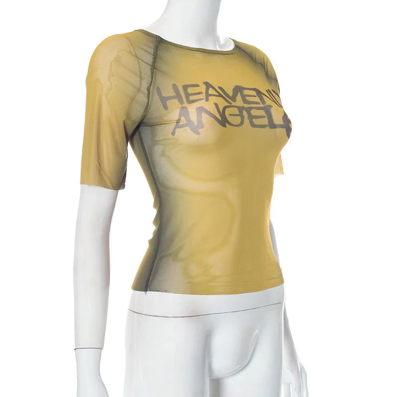 Y2K Letter Print See Through Graphic Tee For Women Short Sleeve Aesthetic Streetwear