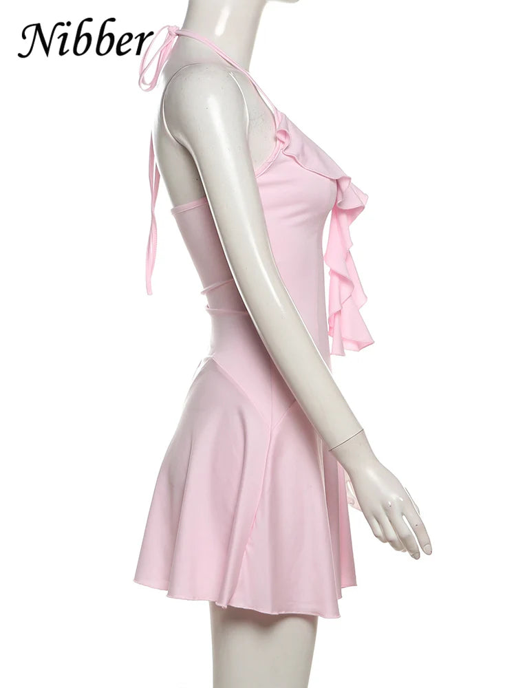Halter Ruffle V Neck Backless Sexy Mini Bodycon Dress
