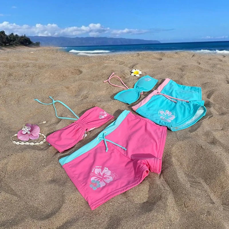 Tropical Floral Swimsuit Set With Neck Tube Top And Drawstring Shorts For Beach Leisure