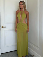 Elegant Halter Hollow Dress With Beaded Backless Mesh Patchwork