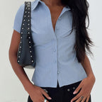 Vintage Striped Short Sleeve Button Down Shirt Preppy Casual Blouse With Crop Top Vibe