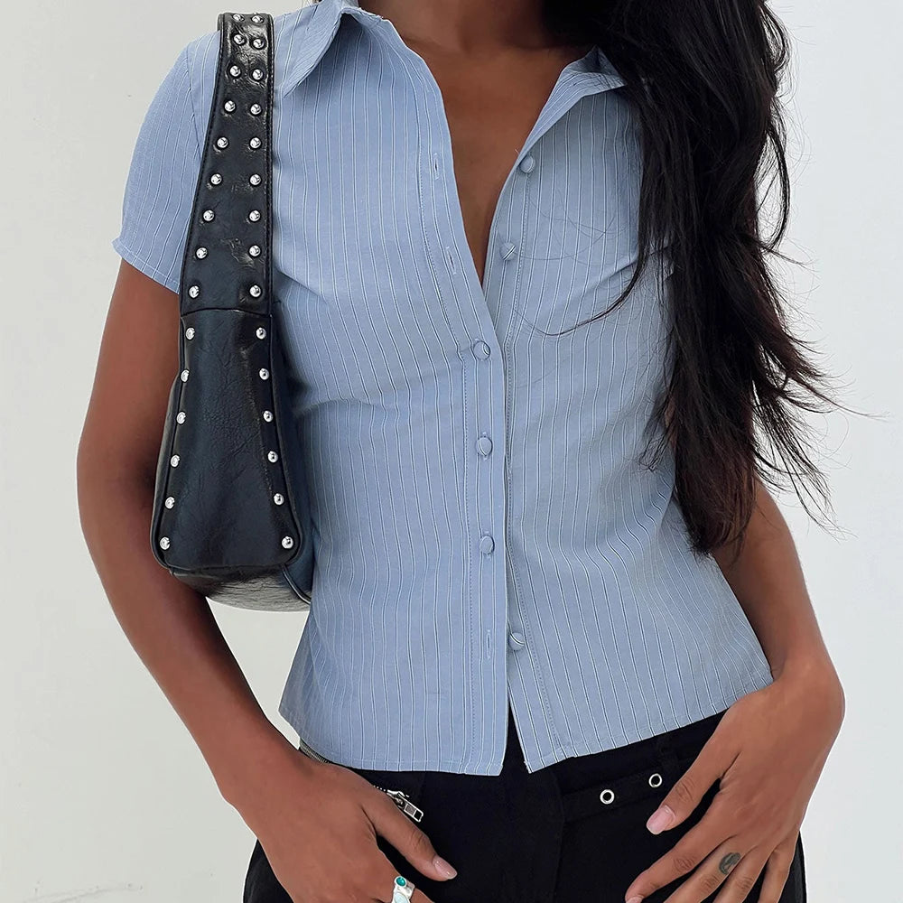 Vintage Striped Short Sleeve Button Down Shirt Preppy Casual Blouse With Crop Top Vibe
