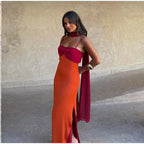 Orange Color Blocking Scarf Collar Maxi Dress For Lady Sleek Cinched Waist Bodycon Silhouette
