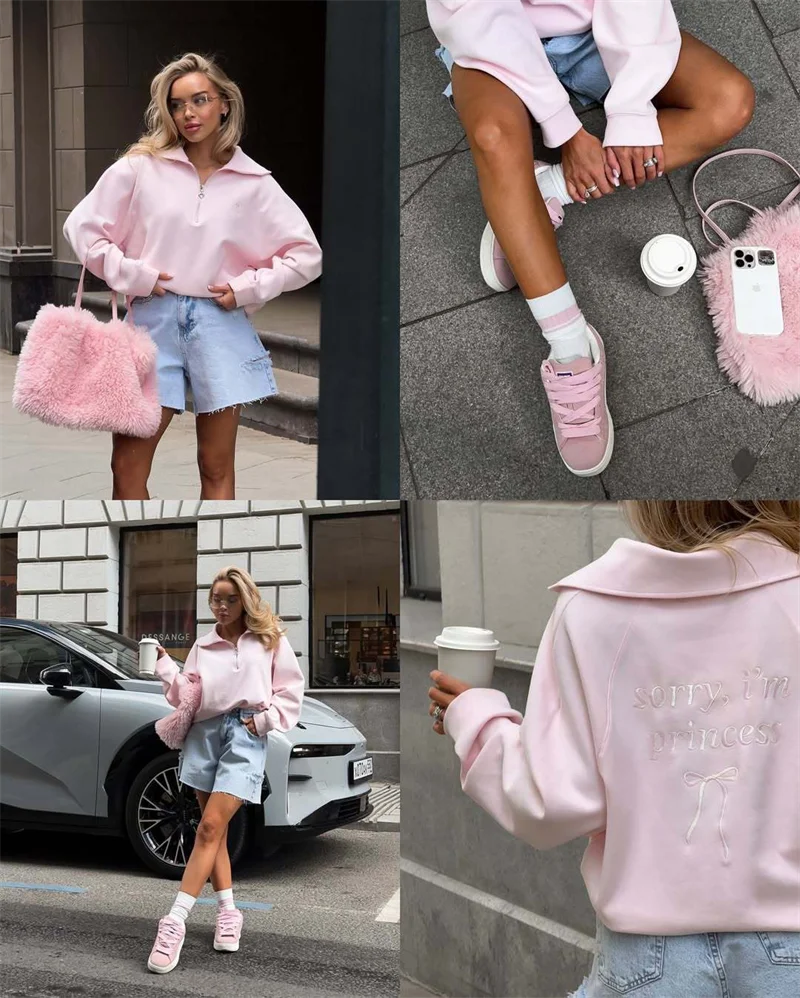 Fashion Women Pink Sweatshirt Vintage  Pullover Loose Half Zip Letter Embroidery Outwear