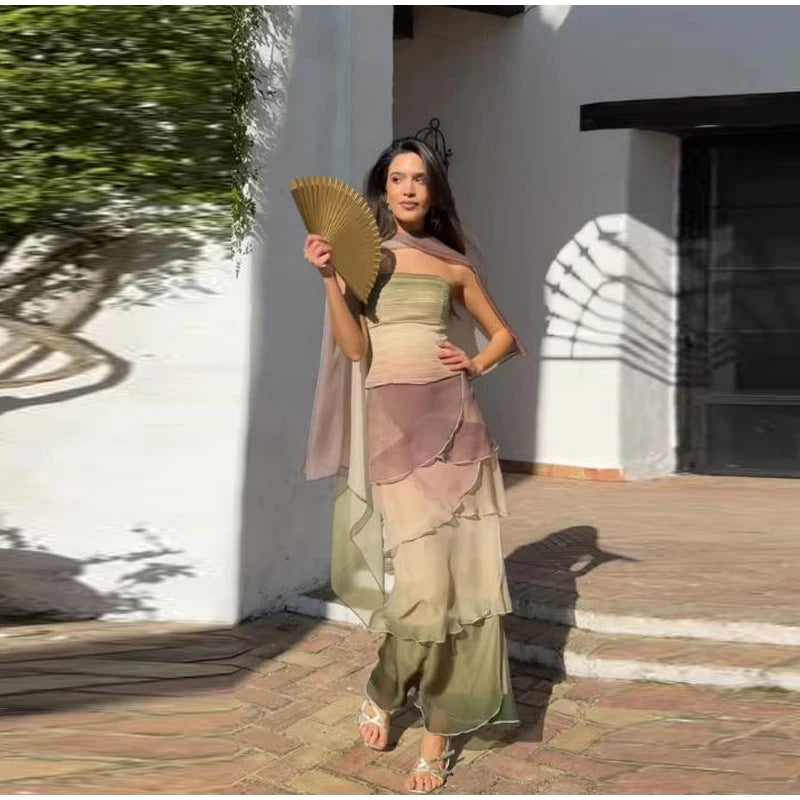 Gradient Flowy Chiffon Three Piece Set With Tube Top Tiered Skirt And Sheer Scarf