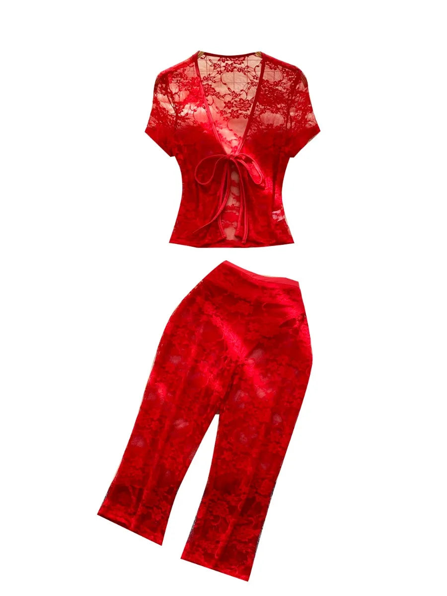 Airy Mesh Tie Up Cardigan Top And Capri Pencil Pants Set