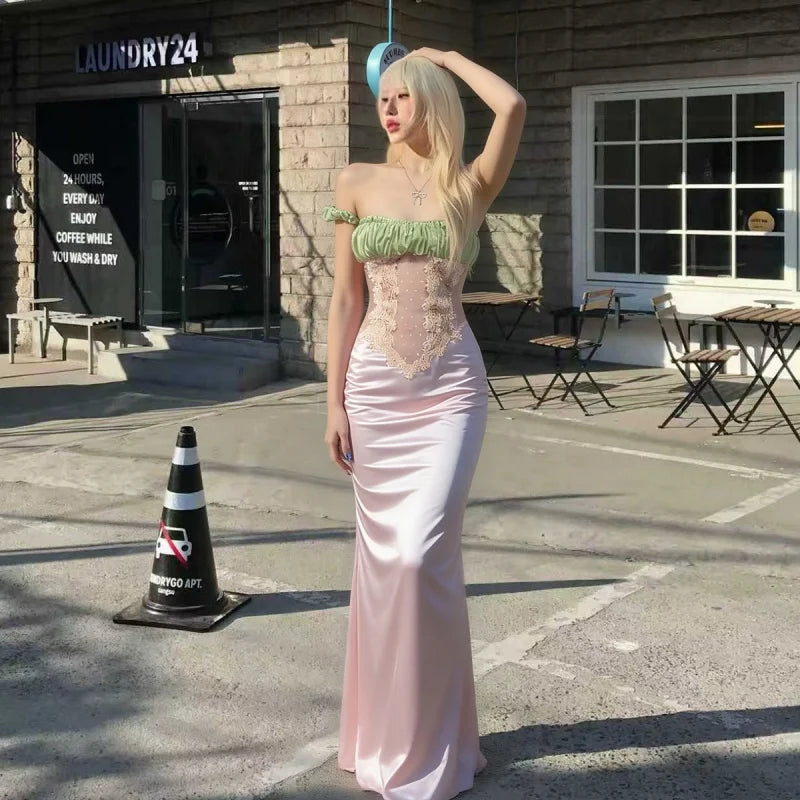 Color Block Off Shoulder Satin Maxi Dress With Lace Mesh Corset Bodice Elegant Evening Gown