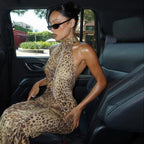 Leopard Print Halter Maxi Dress With Backless Silhouette Embellished Bandage Style