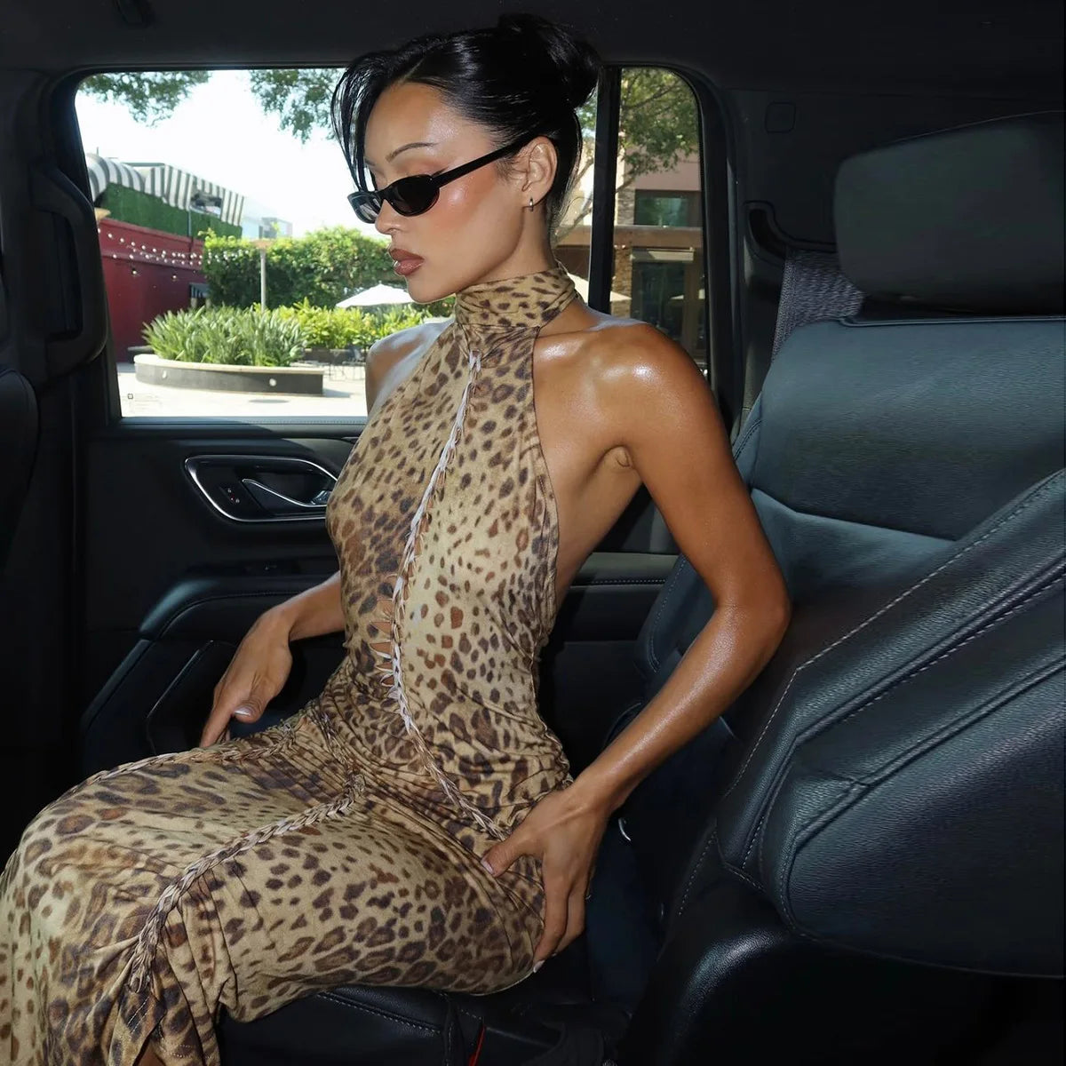 Leopard Print Halter Maxi Dress With Backless Silhouette Embellished Bandage Style
