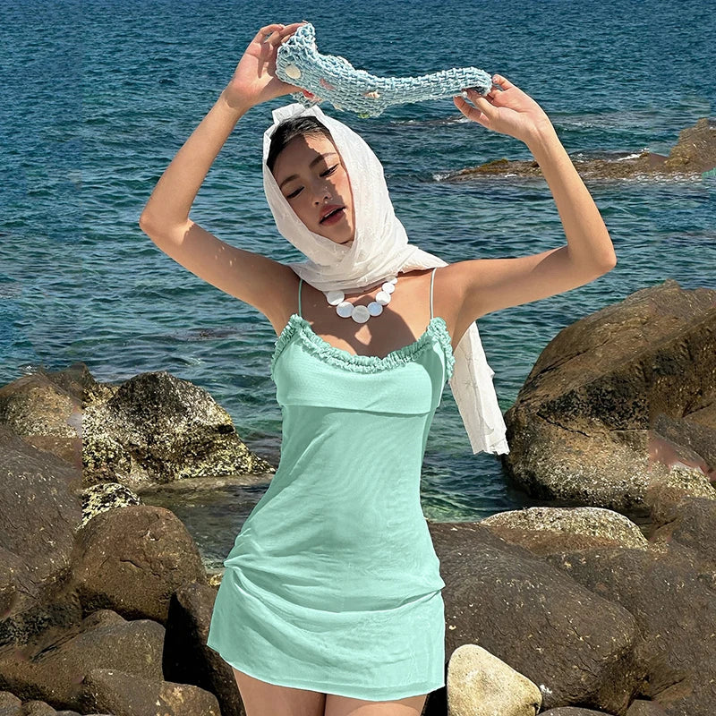 Mesh Ruffle Backless Mini Sundress