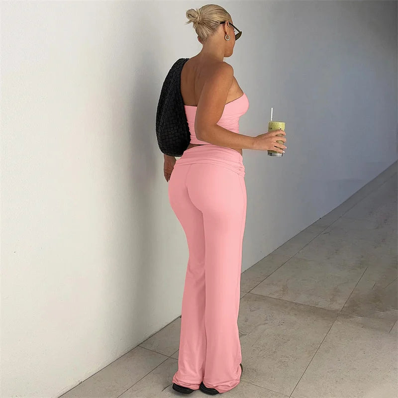 Strapless Crop Top And High Waist Ruched Flare Pants Set