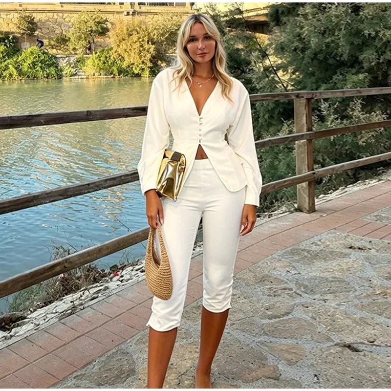 Sleek Blazer Capri Set For Women V Neck Jacket With Matching Pants