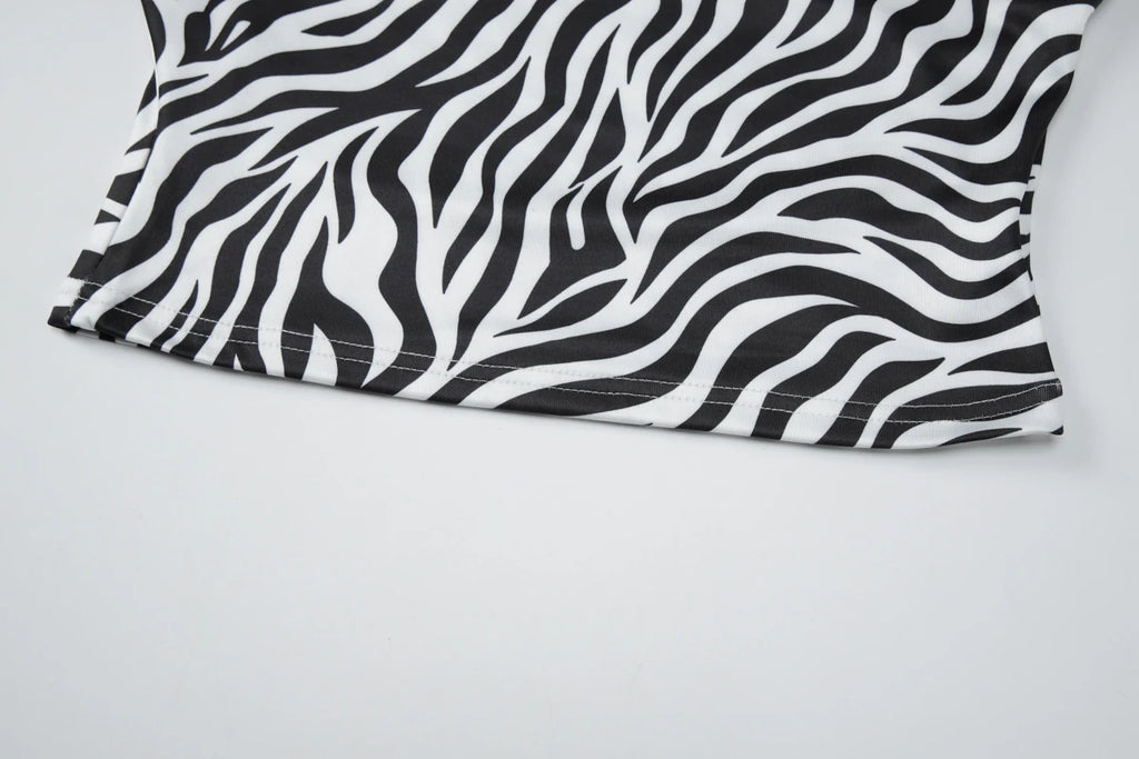Zebra Print V Neck Backless Ruched Crop Tank Top