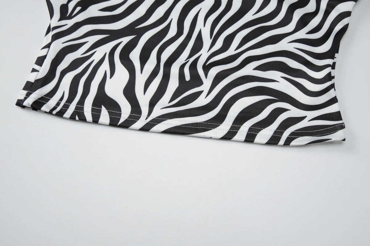 Zebra Print V Neck Backless Ruched Crop Tank Top