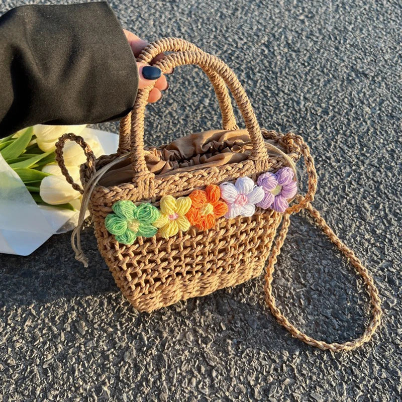 Straw Woven Shoulder Bag With Floral Details