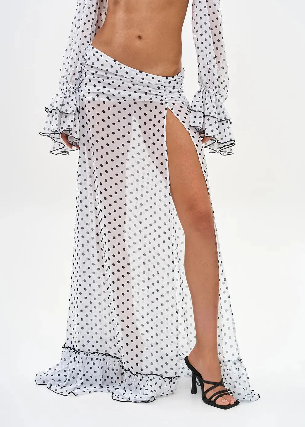 Mesh Two Piece l Set With Long Sleeve Backless Crop Top And Sheer Skirt