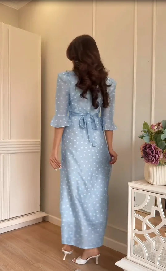 Printed Lace Patchwork Long Dress, Elegant Mid Sleeve V-Line Button Slit