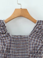 Sweet Plaid Chic Single Breasted Cropped Tops French Square Collar Puff Sleeve Blouse