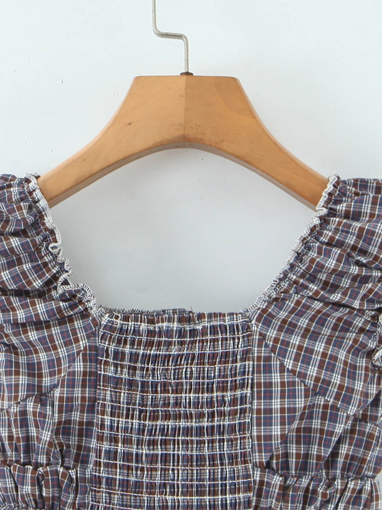 Sweet Plaid Chic Single Breasted Cropped Tops French Square Collar Puff Sleeve Blouse