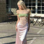 Color Block Off Shoulder Satin Maxi Dress With Lace Mesh Corset Bodice Elegant Evening Gown
