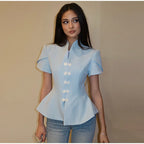 Blue Stand Collar Puff Sleeve Blazer Single Breasted