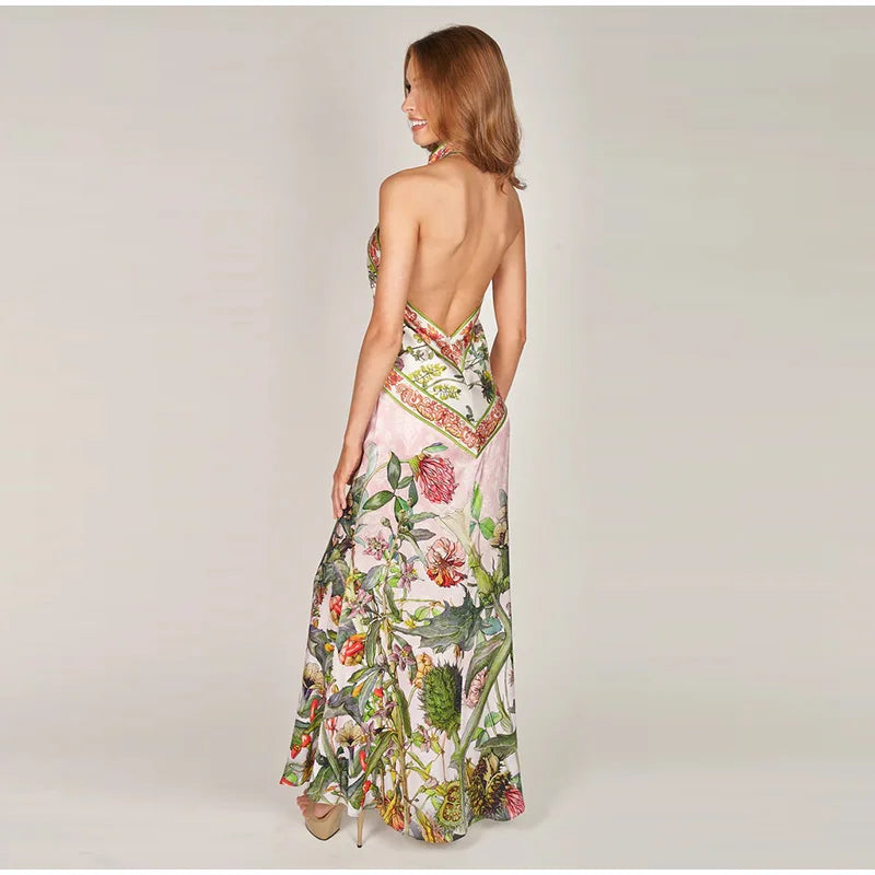 Flirty Printed Halter Backless Dress For Summer Party Chic Evening Outfits Slim High Waist
