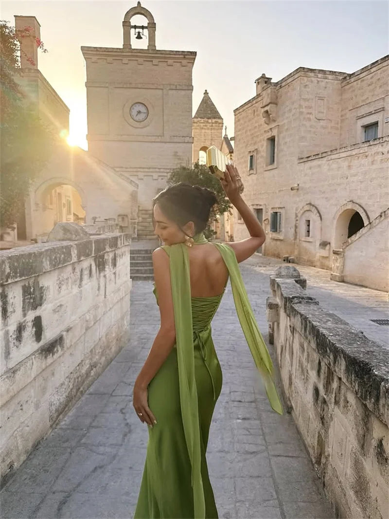 Elegant Satin Backless Halter Off-Shoulder Maxi Dress