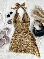 Leopard Halter Neck Mini Dress With Tie Up Front And Ruffle Hem
