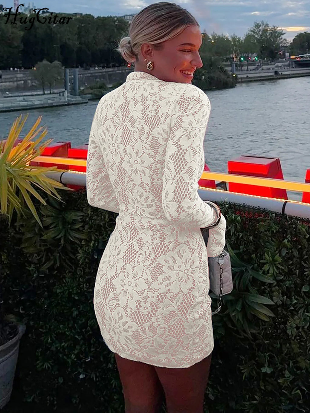Lace Patchwork Hollow Out Mini Dress With Turtleneck And Long Flare Sleeves