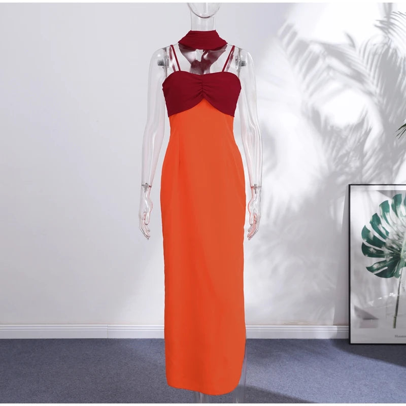 Orange Color Blocking Scarf Collar Maxi Dress For Lady Sleek Cinched Waist Bodycon Silhouette