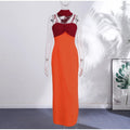 Orange Color Blocking Scarf Collar Maxi Dress For Lady Sleek Cinched Waist Bodycon Silhouette