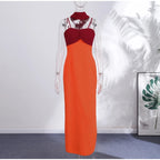 Orange Color Blocking Scarf Collar Maxi Dress For Lady Sleek Cinched Waist Bodycon Silhouette