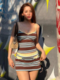 Striped Patchwork Set With Low Neck Camisole And Elastic Waist Mini Skirt