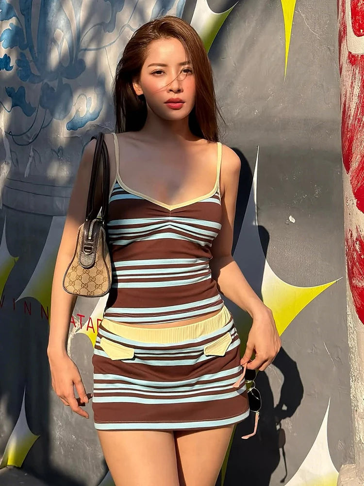 Striped Patchwork Set With Low Neck Camisole And Elastic Waist Mini Skirt