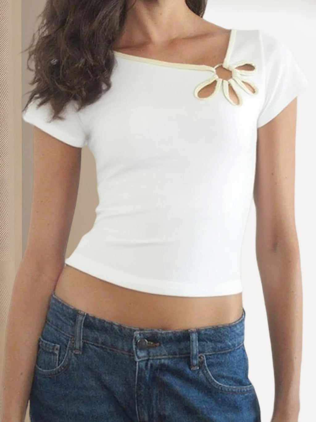 Nostalgic Streetwear Tee With Hollow Flower Cutout Slim Fit Half Sleeve For Women