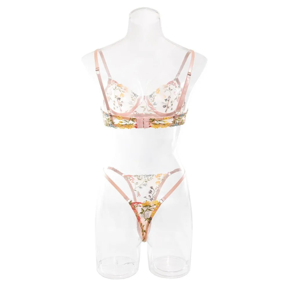 Floral Sheer Embroidery Lingerie Set With Underwire Push Up Bra And Panty Two Piece