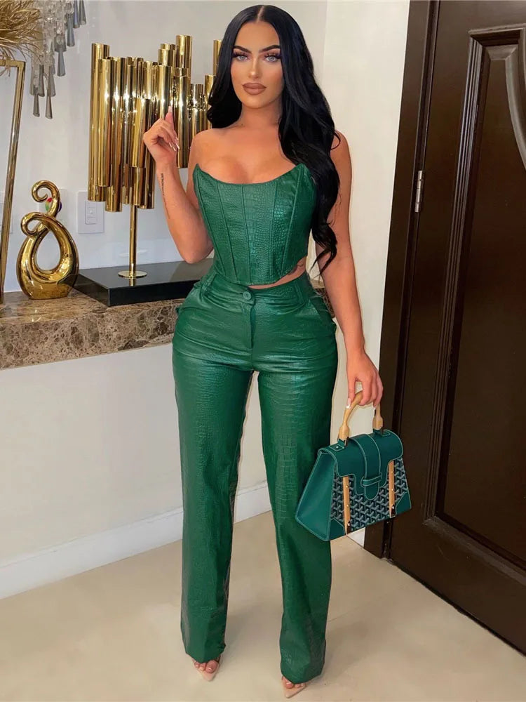Corset Cutout Cargo Jumpsuit Two Piece Set Sleeveless PU Leather