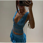 Sequin V-Neck Lace Top Ruffle Skirt Set Slim Fit Sleeveless Sheer