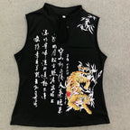 Graphic Blouse With Mandarin Collar Short Sleeve Crop Top Keyhole
