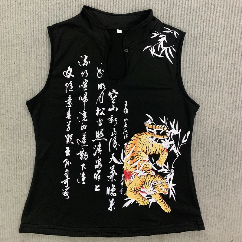 Graphic Blouse With Mandarin Collar Short Sleeve Crop Top Keyhole