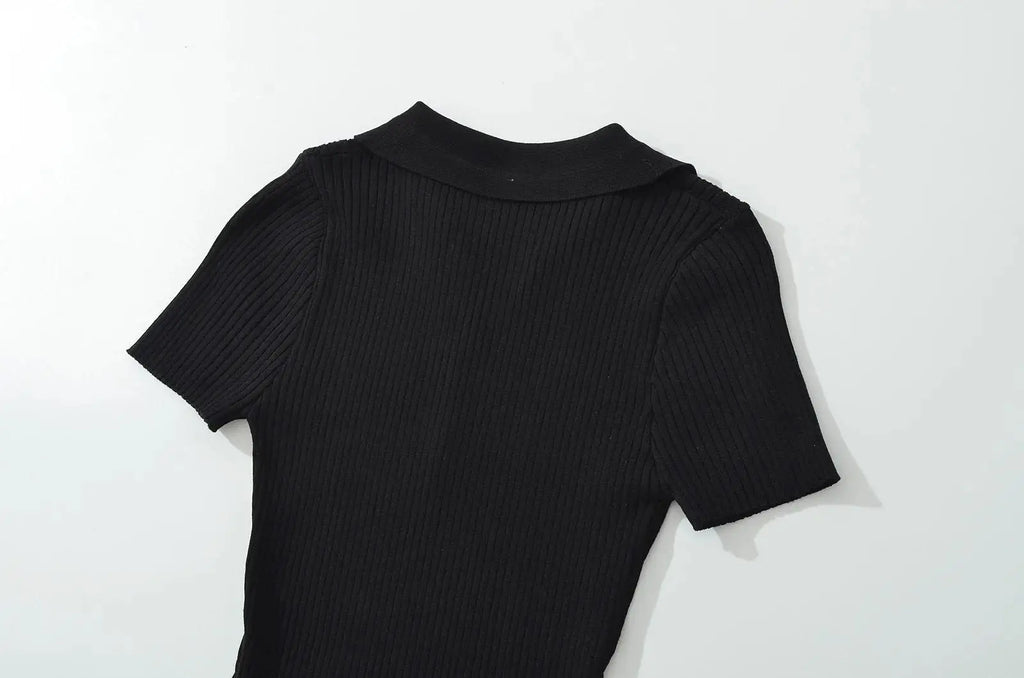 Knit Turn Down Collar Pullover For Women Slim Stretch Short Sleeve Top